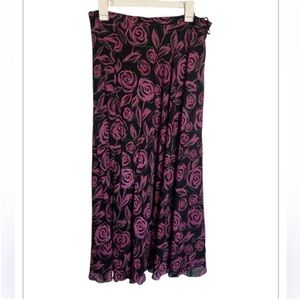 Jones New York Black Pink Floral Silk Maxi Skirt | Rose Print | Flowy A-Line